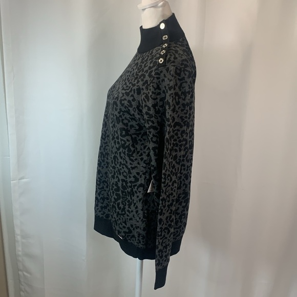 Calvin Klein Gray & Black Mock Neck Animal Print  Sweater w/ Silver Buttons- NWT - Picture 9 of 16